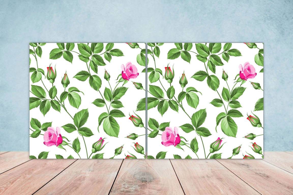 Floral Rose Tiles Flowers Design - Set of 2 Flower Roses Wall Decor Tiles, Kitchen Backsplash Tiles, Table Decorative Tiles, Bathroom Tiles