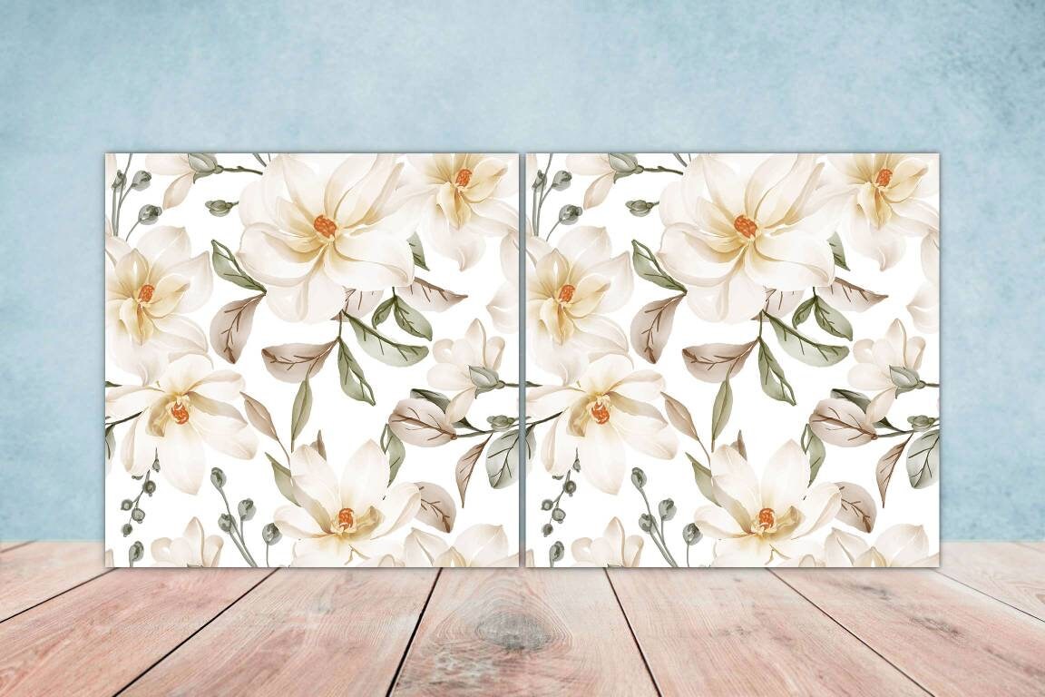 Floral Tiles Flowers Design - Set of 2 Flower Wall Decor Tiles, Kitchen Backsplash Tiles, Table Decorative Tiles, Bathroom Tiles, Coaster