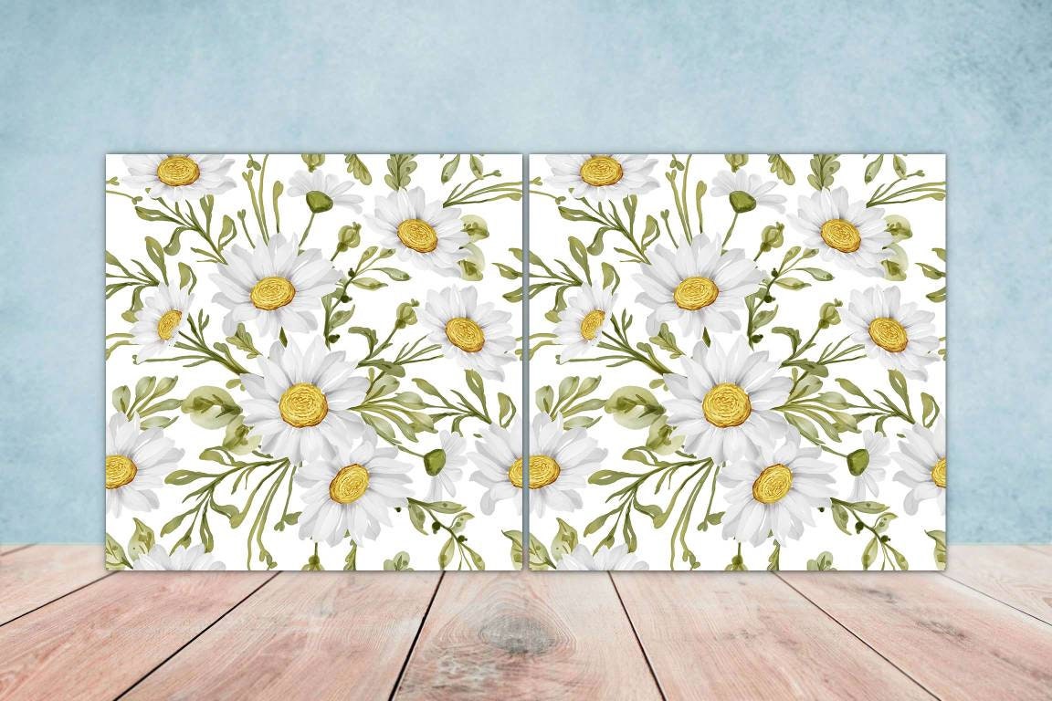 Floral Daisy Tiles Flowers Design - Set of 2 Flower Wall Decor Tiles,Kitchen Backsplash Tiles,Table Decorative Tiles, Bathroom Tiles,Coaster