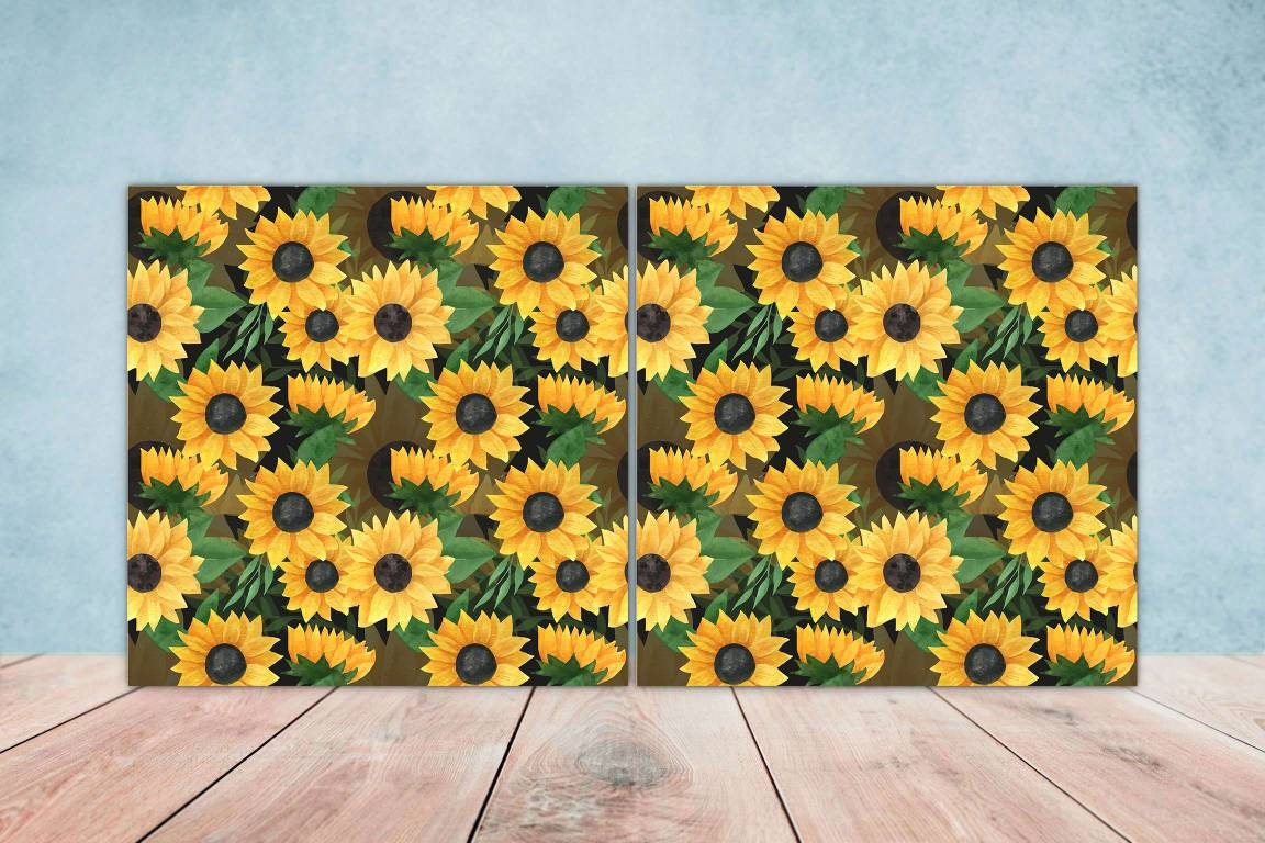 Floral Sunflower Tiles Floral Design - Set of 2 Flower Wall Decor Tiles, Kitchen Backsplash Tiles, Table Decorative Tiles, Bathroom Tiles