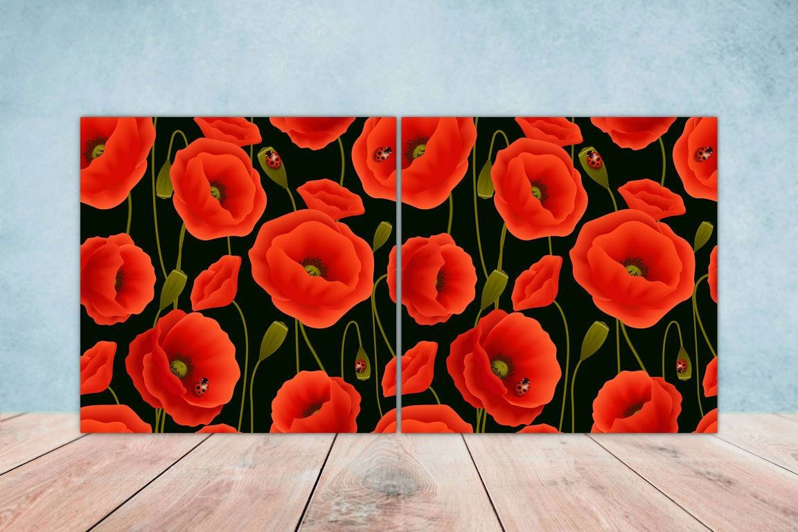 Floral Tiles Poppy Flowers Design - Set of 2 Flower Poppies Wall Decor Tiles,Kitchen Backsplash Tiles,Table Decorative Tiles, Bathroom Tiles