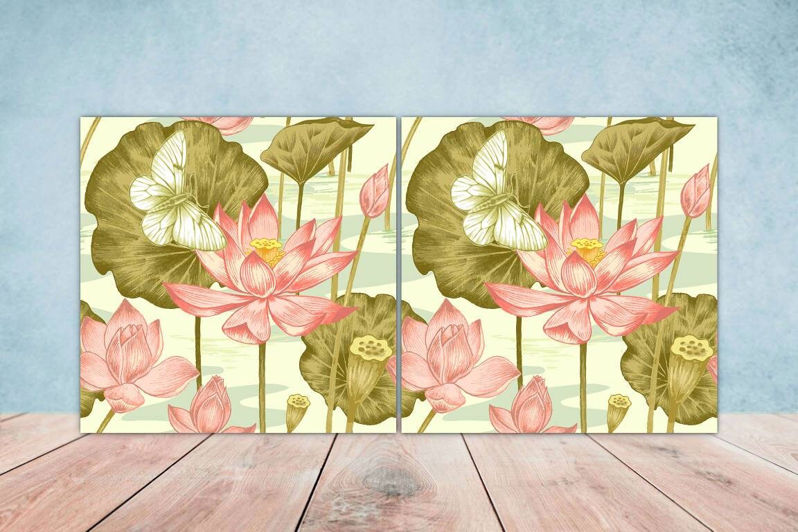 Floral Tiles Flower Lotus Design - Set of 2 Flower Wall Decor, Kitchen Backsplash Tiles, Table Decorative Tiles, Bathroom Tiles, Coaster