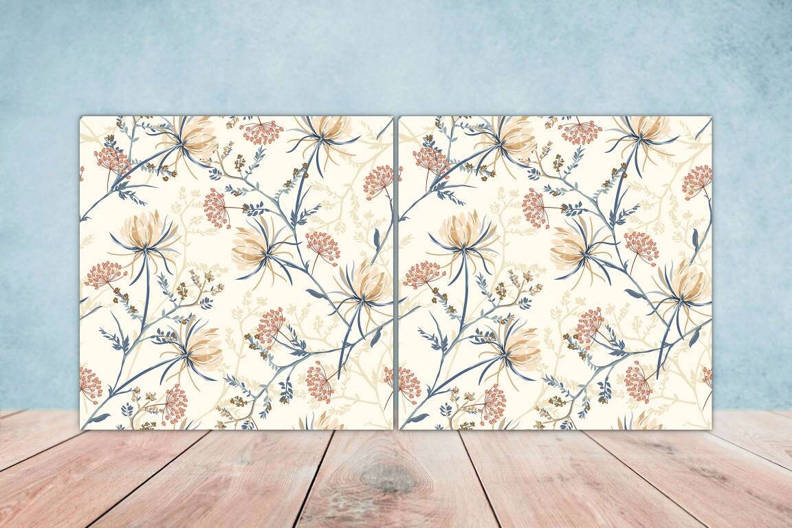 Floral Tiles Flowers Design - Set of 2 Flower Wall Decor Tiles, Kitchen Backsplash Tiles, Table Decorative Tiles, Bathroom Tiles, Coaster