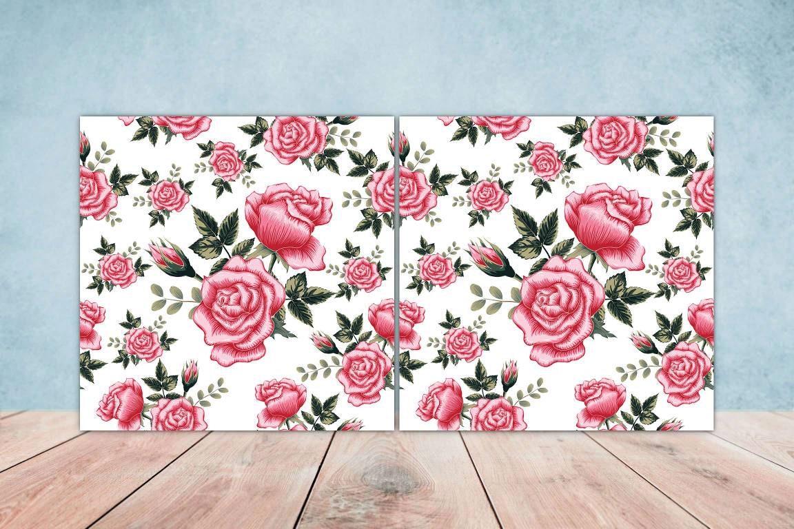 Floral Rose Tiles Flowers Design - Set of 2 Flower Roses Wall Decor Tiles, Kitchen Backsplash Tiles, Table Decorative Tiles, Bathroom Tiles