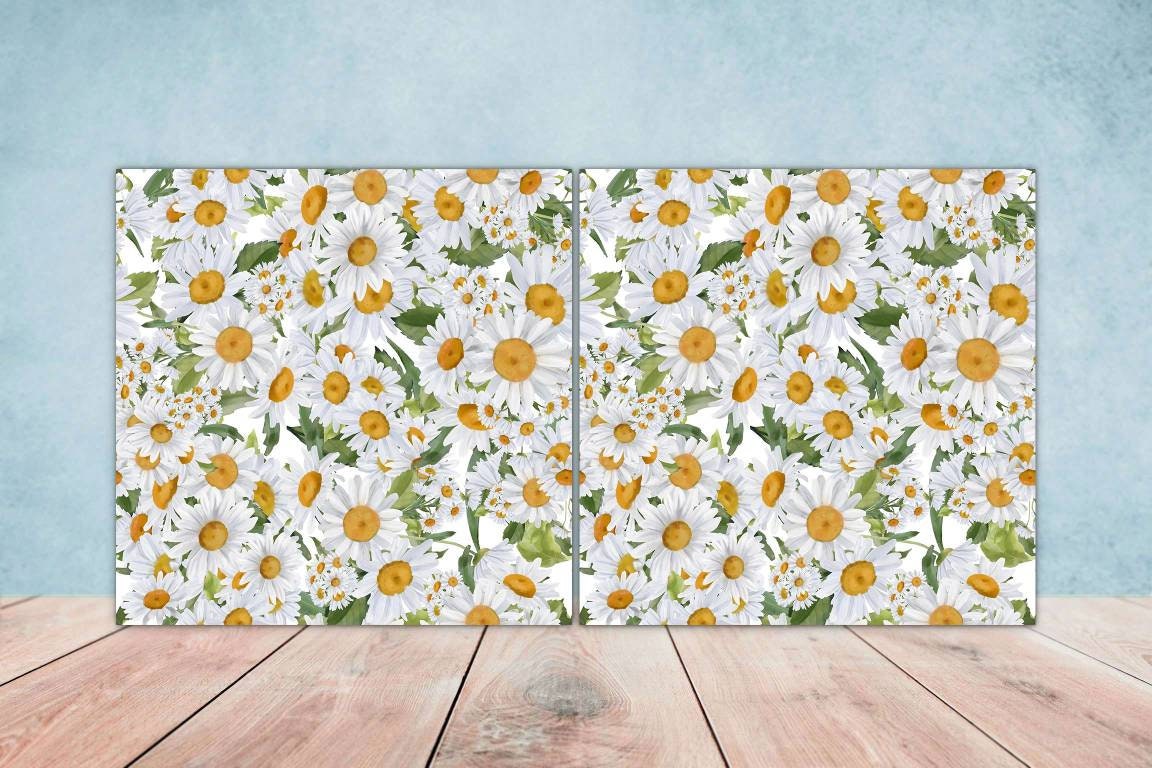 Floral Tiles Daisy Flower Design - Set of 2 Flowers Daisies Wall Decor Tiles, Kitchen Backsplash Tiles,Table Decorative Tiles,Bathroom Tiles