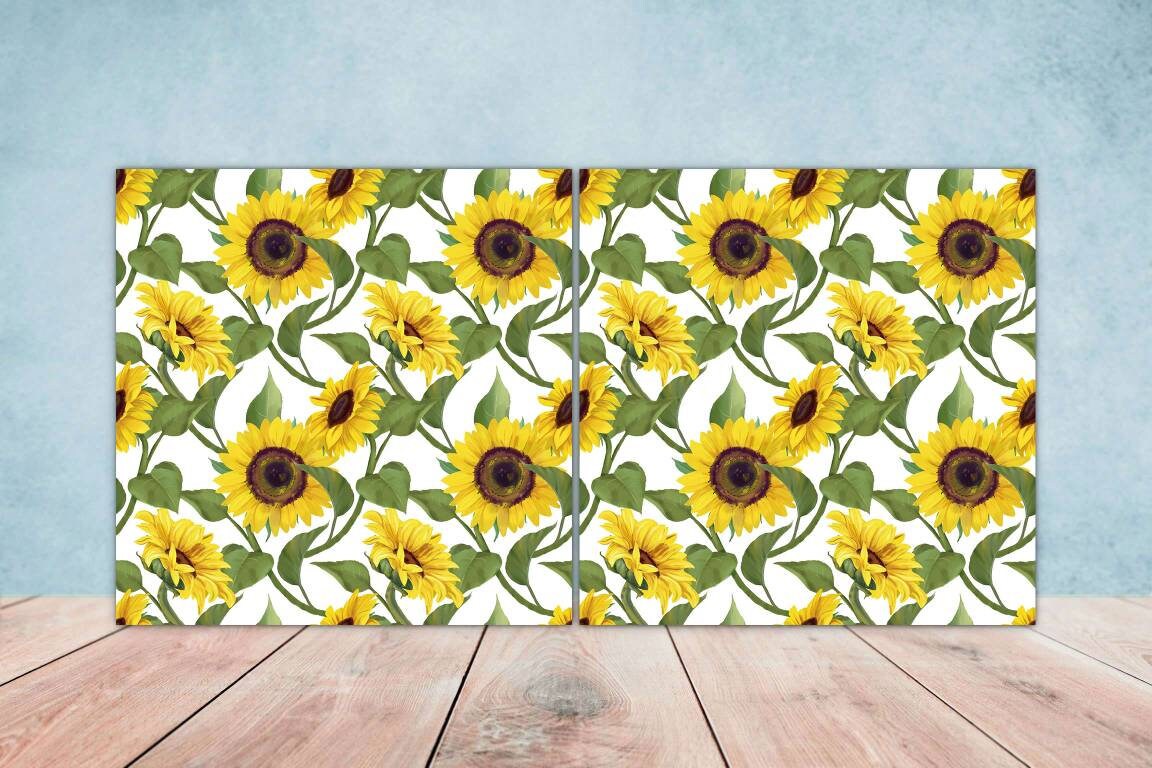 Floral Sunflower Tiles Floral Design - Set of 2 Flower Wall Decor Tiles, Kitchen Backsplash Tiles, Table Decorative Tiles, Bathroom Tiles