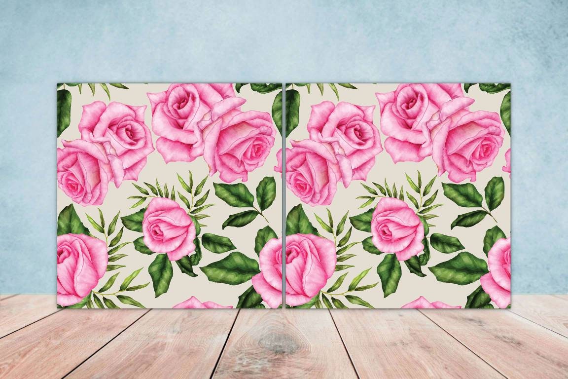 Floral Rose Tiles Flowers Design - Set of 2 Flower Roses Wall Decor Tiles, Kitchen Backsplash Tiles, Table Decorative Tiles, Bathroom Tiles