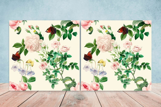 Floral Roses Tiles Flowers Design - Set of 2 Black and Flower Wall Decor Flower Tiles - Kitchen Backsplash Tiles,Table Decorative Tiles,Bath