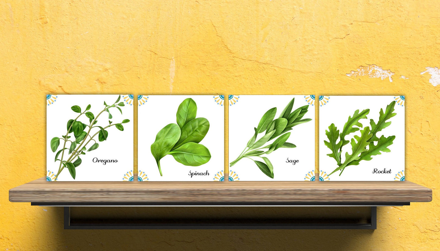 Aromatic herbs print Kitchen Ceramic Tiles - Set of 4 Ceramic Decor Tiles - Kitchen Backsplash Tiles, Bathroom Tiles, Botanical wall art