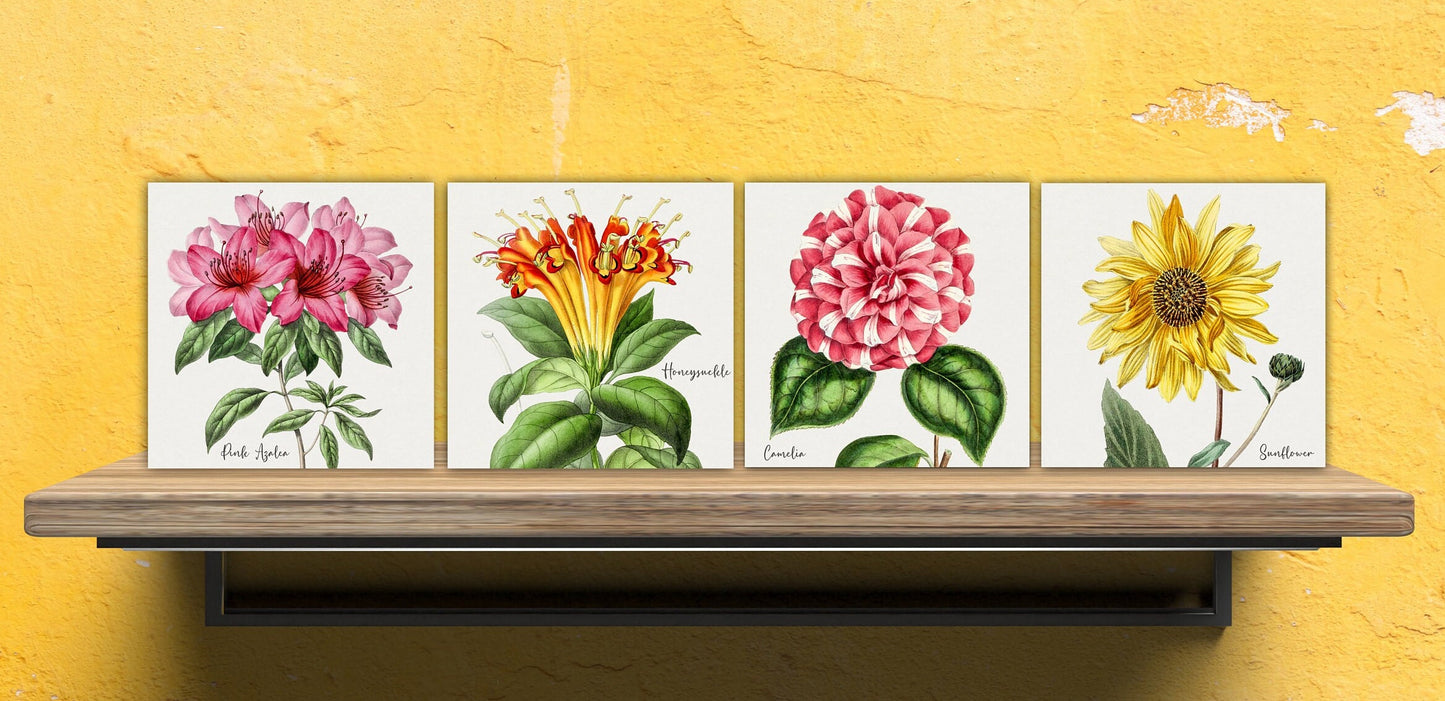 Vintage Botanical Print Ceramic Tiles - Set of 4 Ceramic Decor Tiles - Kitchen Backsplash Tiles, Bathroom Tiles, Botanical wall art