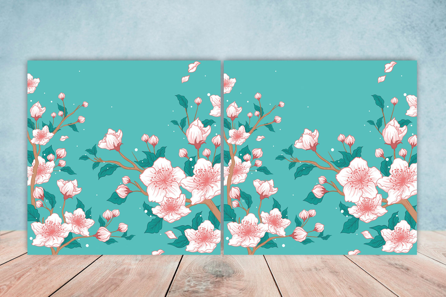 Cherry Blossom Ceramic Tiles - Japanese Floral Flowers Design - Set of 2 Wall Décor tiles - Kitchen Backsplash - Bathroom Tiles