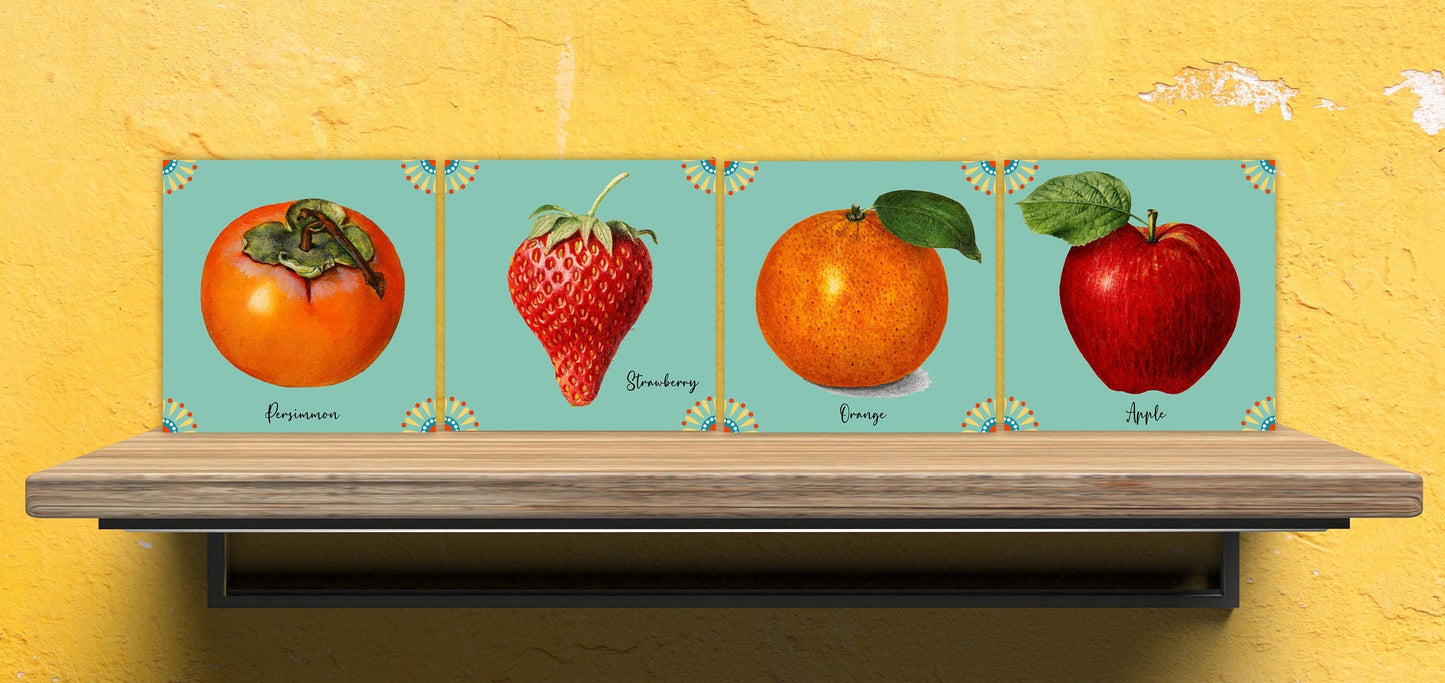 Fruit print Kitchen Ceramic Tiles - Set of 4 Ceramic Decor Tiles -Kitchen Backsplash Tiles, Bathroom Tiles, Botanical wall art - Fruit decor