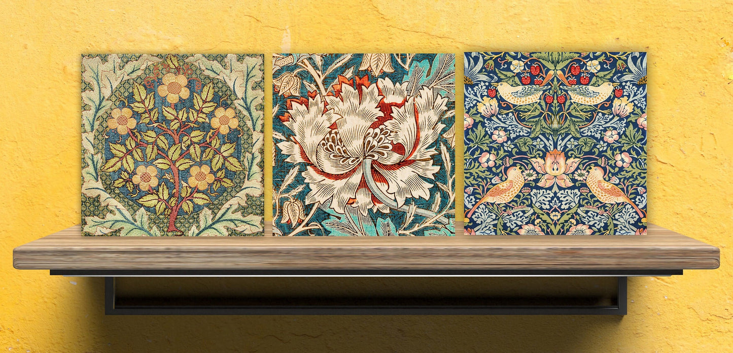 William Morris Set of 3 Ceramic tiles,Ceramic Decor Tiles,Kitchen Backsplash Tiles, Bathroom Tiles, Botanical wall art, William Morris print