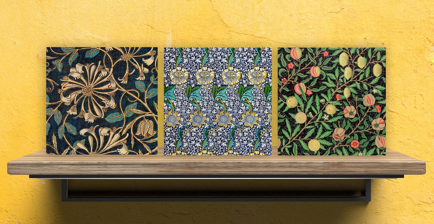 William Morris Set of 3 Ceramic tiles,Ceramic Decor Tiles,Kitchen Backsplash Tiles, Bathroom Tiles, Botanical wall art, William Morris print