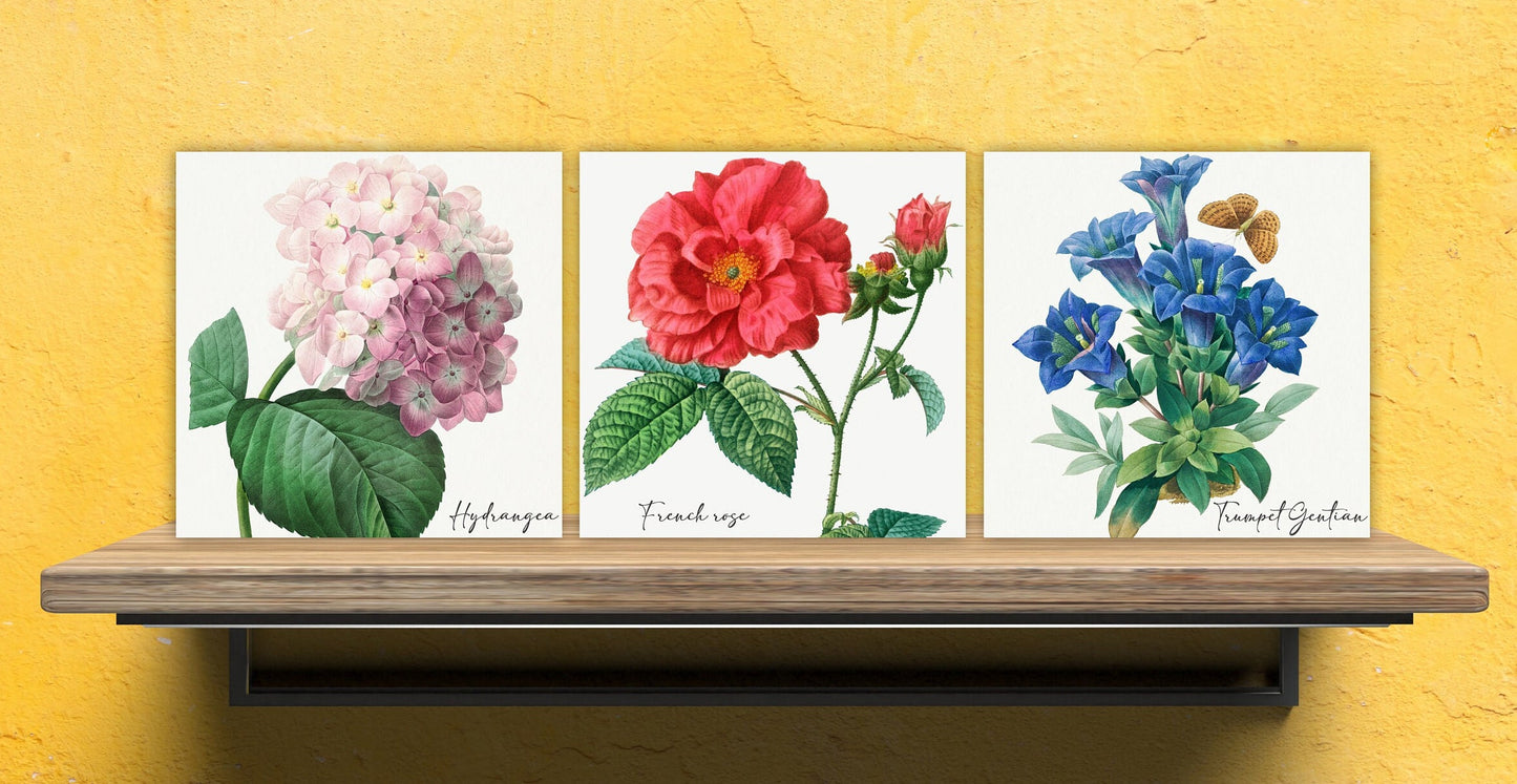 Vintage Botanical Print Ceramic Tiles - Set of 3 Ceramic Decor Tiles - Kitchen Backsplash Tiles, Bathroom Tiles, Botanical wall art