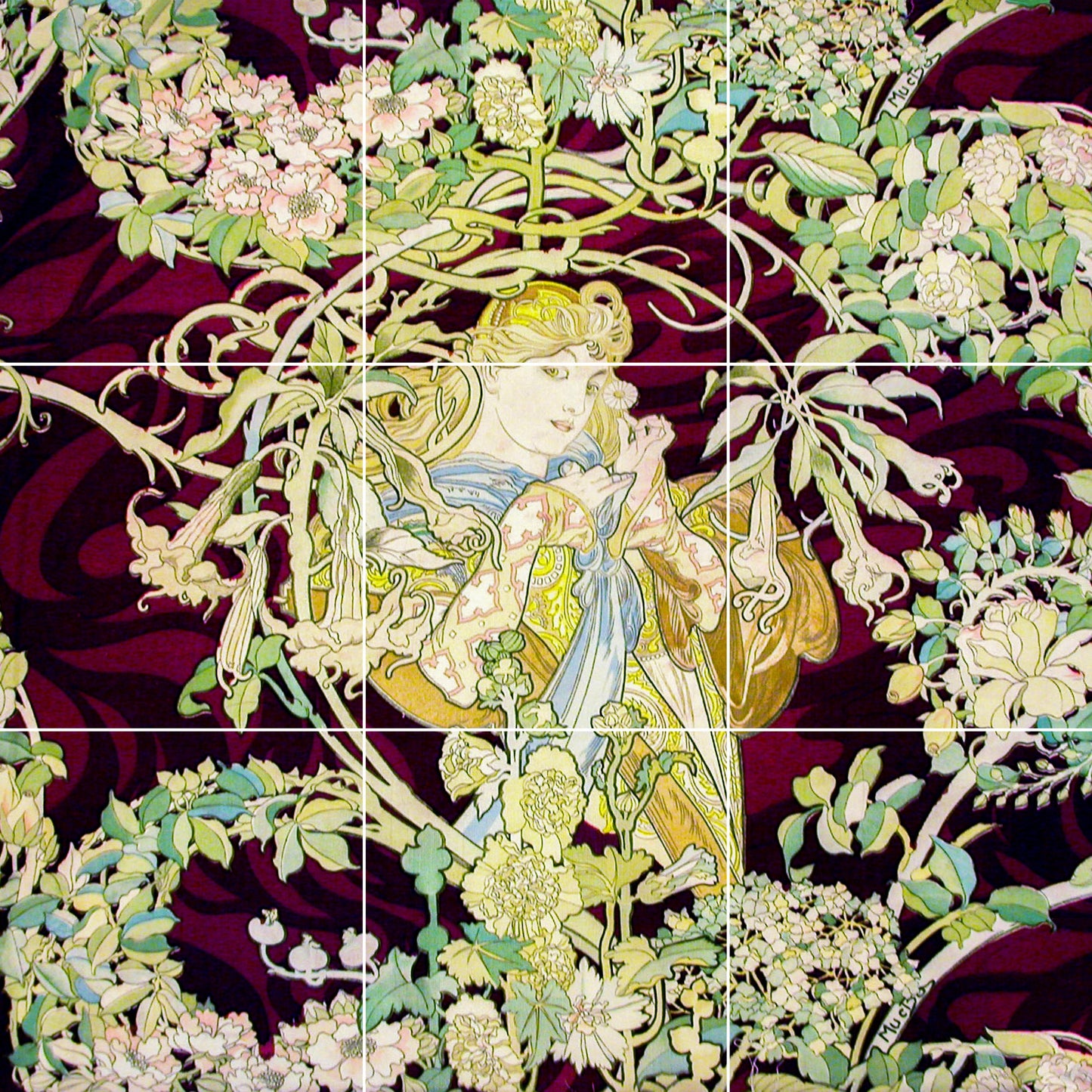Tile Mural/Mosaic Ceramic Panel of Alphonse Mucha - Alphonse Mucha wall print - Mucha wall art - Tile Mural - Woman with daisy tile mural