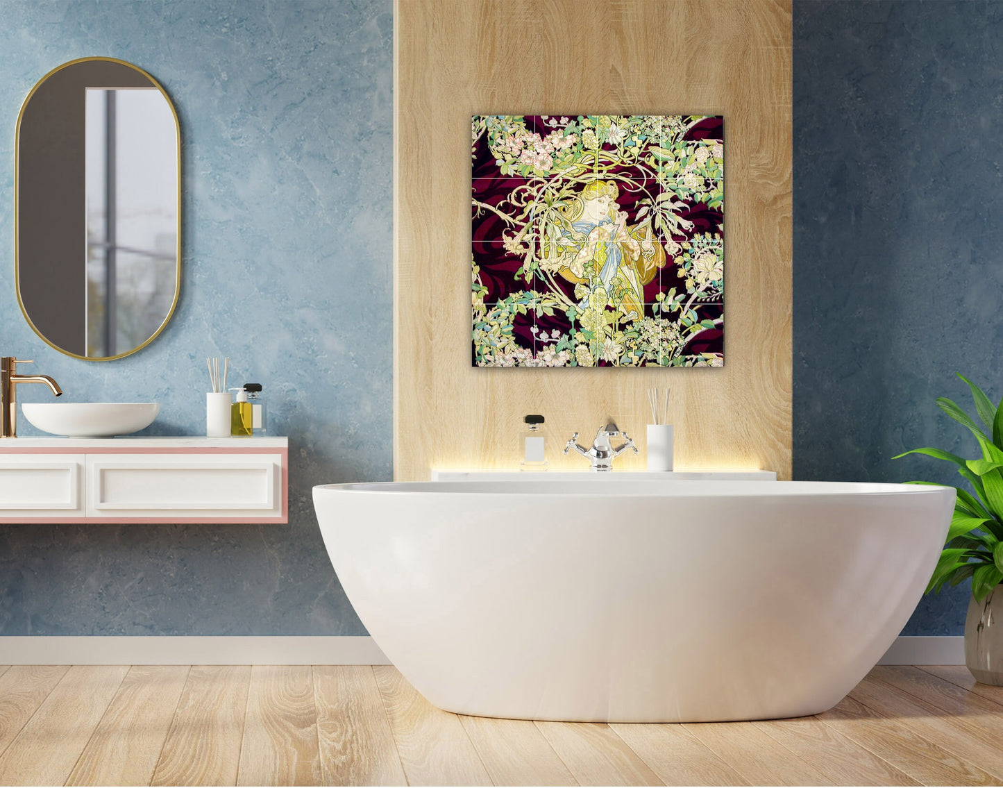 Tile Mural/Mosaic Ceramic Panel of Alphonse Mucha - Alphonse Mucha wall print - Mucha wall art - Tile Mural - Woman with daisy tile mural