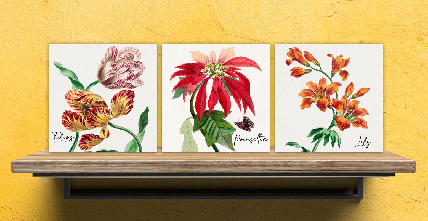 Vintage Botanical Print Ceramic Tiles - Set of 3 Ceramic Decor Tiles - Kitchen Backsplash Tiles, Bathroom Tiles, Botanical wall art