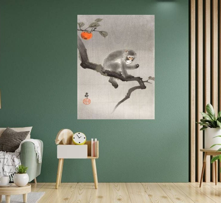 Tile Mural/Mosaic Ceramic Panel of Monkey in Kaki Tree- Ohara Koson print - Japanese art - Monkey print -Monkey Mural - Tile Mosaic