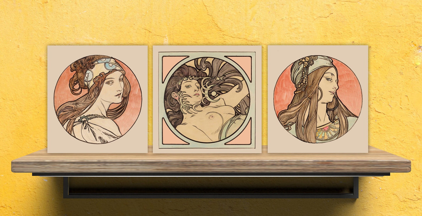 Alphonse Mucha Set of 3 Ceramic tiles,Ceramic Decor Tiles,Kitchen Backsplash Tiles, Bathroom Tiles, Art Nouveau print, Alphonse Mucha print
