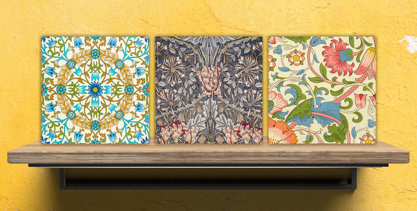 William Morris Set of 3 Ceramic tiles,Ceramic Decor Tiles,Kitchen Backsplash Tiles, Bathroom Tiles, Botanical wall art, William Morris print