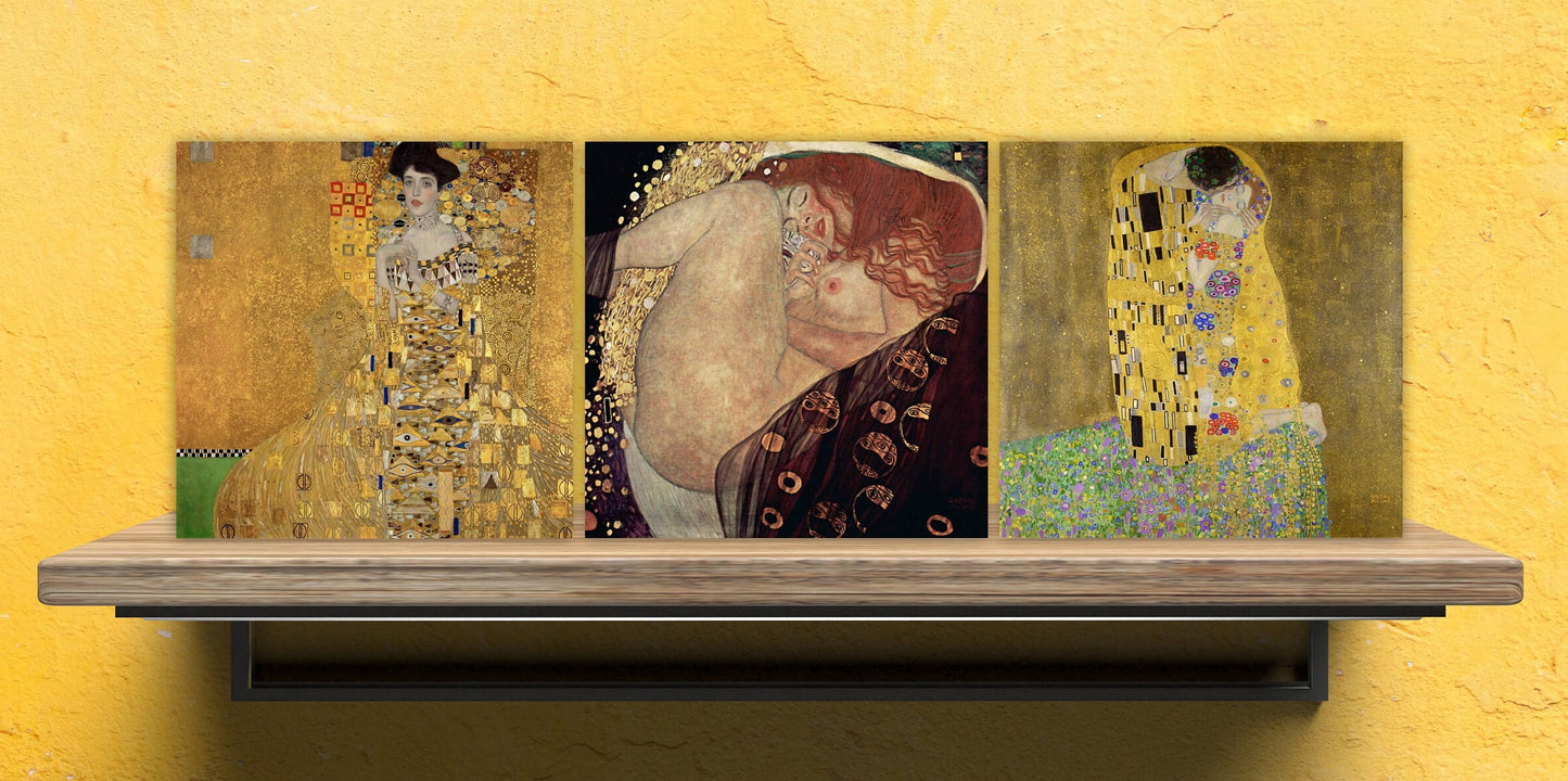 Gustav Klimt Set of 3 Ceramic tiles, Ceramic Decor Tiles, Kitchen Backsplash Tiles, Bathroom Tiles, Art Nouveau print, Gustav Klimt print