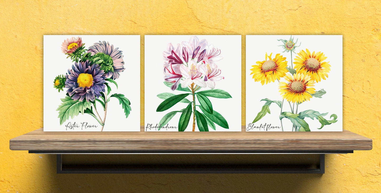 Vintage Botanical Print Ceramic Tiles - Set of 3 Ceramic Decor Tiles - Kitchen Backsplash Tiles, Bathroom Tiles, Botanical wall art