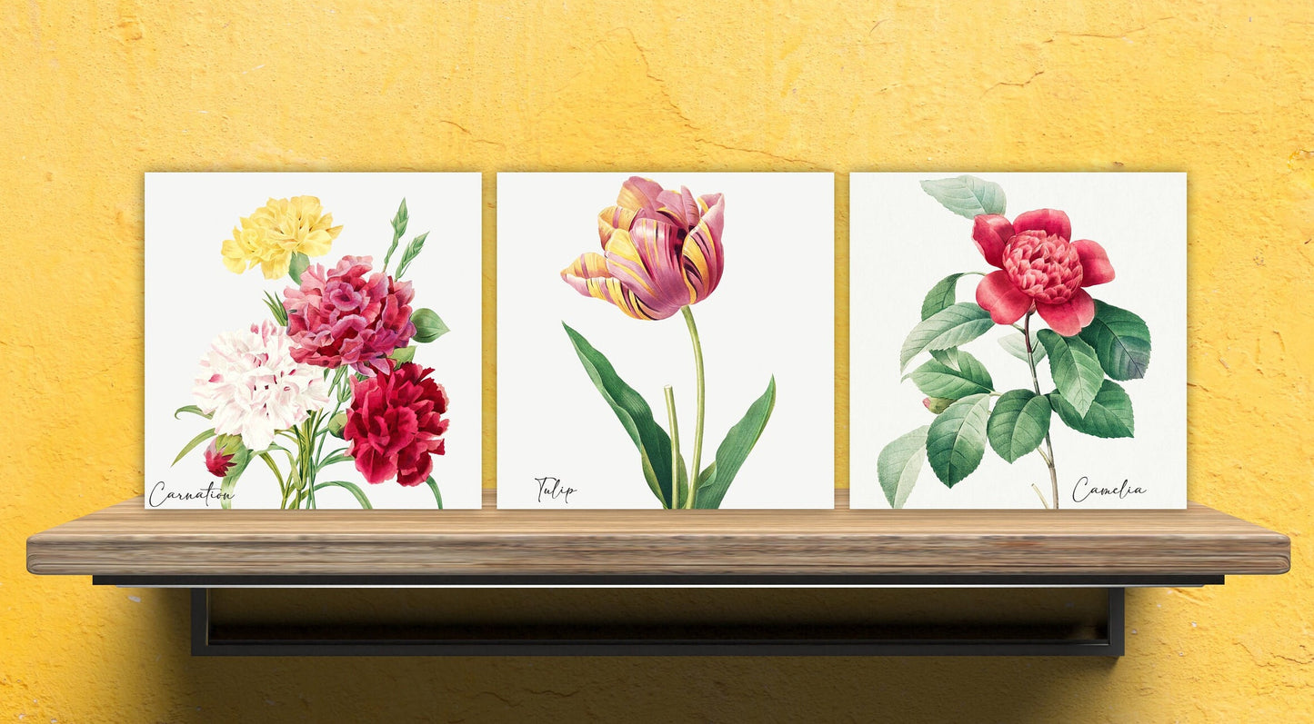 Vintage Botanical Print Ceramic Tiles - Set of 3 Ceramic Decor Tiles - Kitchen Backsplash Tiles, Bathroom Tiles, Botanical wall art