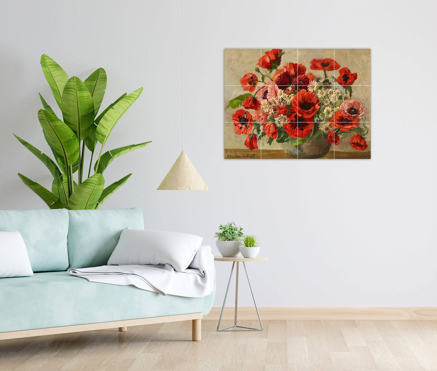 Tile Mural/Mosaic Ceramic Panel of a Vase with Poppies and Daisies - Flowers Wall Art - Poppy Tile Mural - Poppy wall print - Tile Mosaic