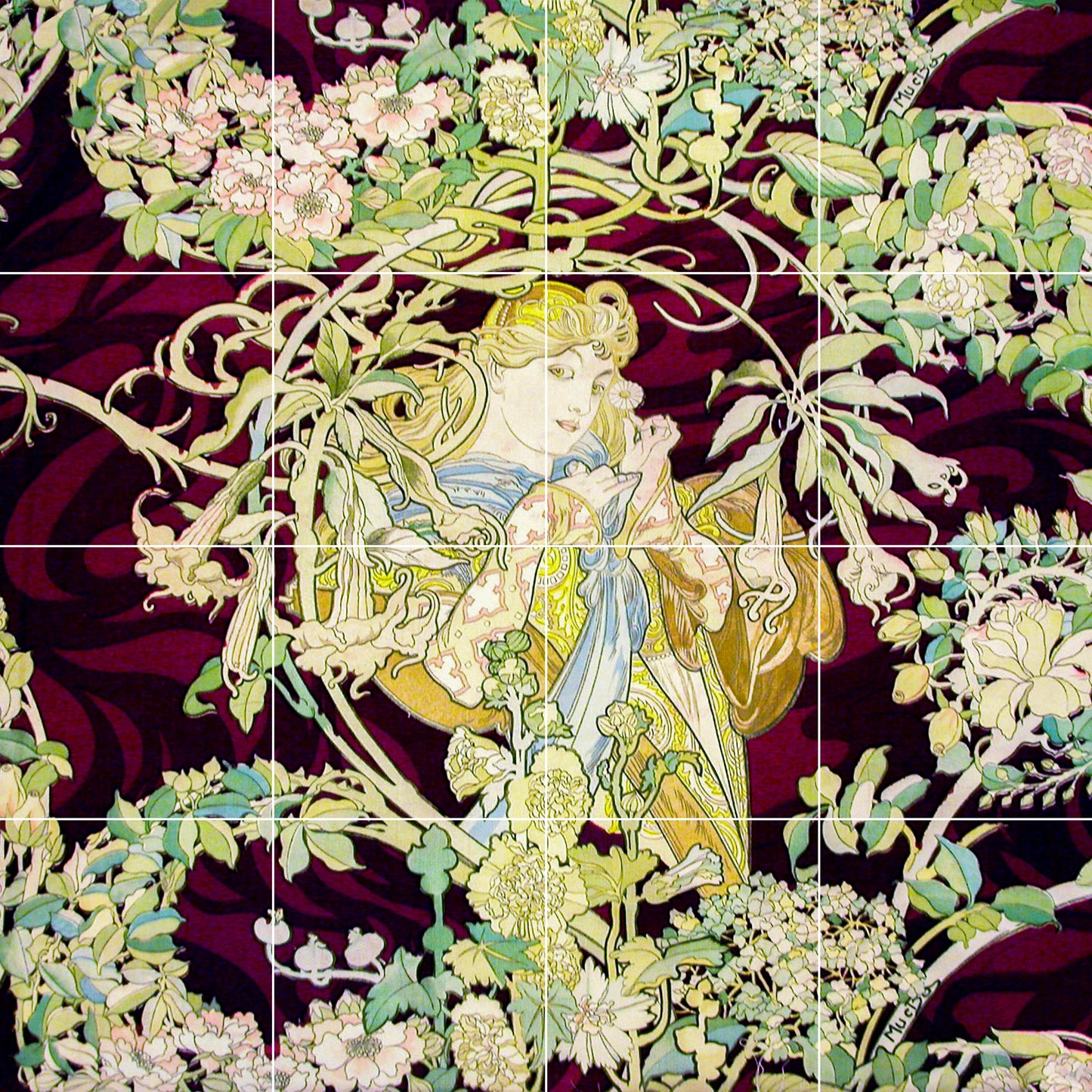 Tile Mural/Mosaic Ceramic Panel of Alphonse Mucha - Alphonse Mucha wall print - Mucha wall art - Tile Mural - Woman with daisy tile mural