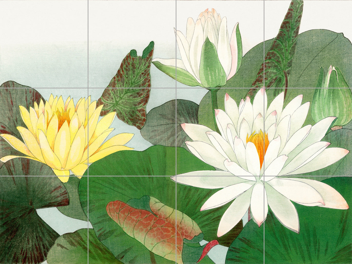 Tile Mural/Mosaic Ceramic Panel of Nymphaea Lotus -Japanese Wall Art - Lotus wall print - Tile Mural - Botanical print -Tile Mosaic