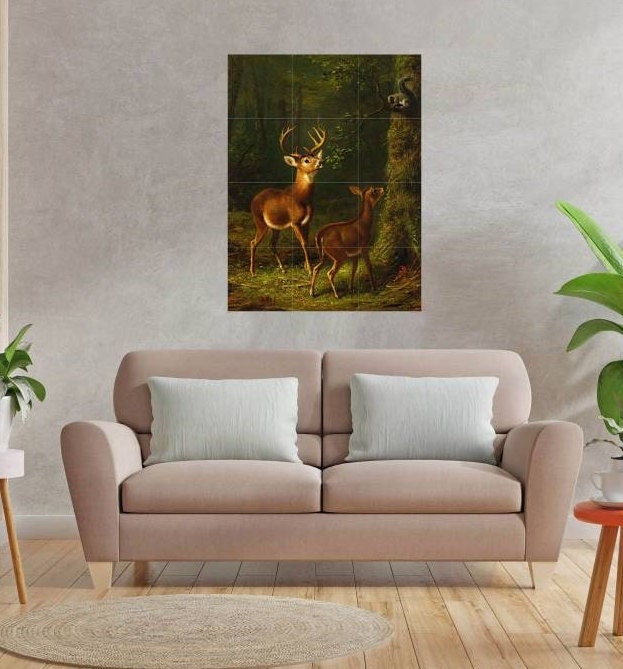 Tile Mural/Mosaic Ceramic Panel of The Forest Adirondacks - Fitzwilliam Tait print - Deer wall Art - Tile Mural - Gloss Tiles - Tile Mosaic