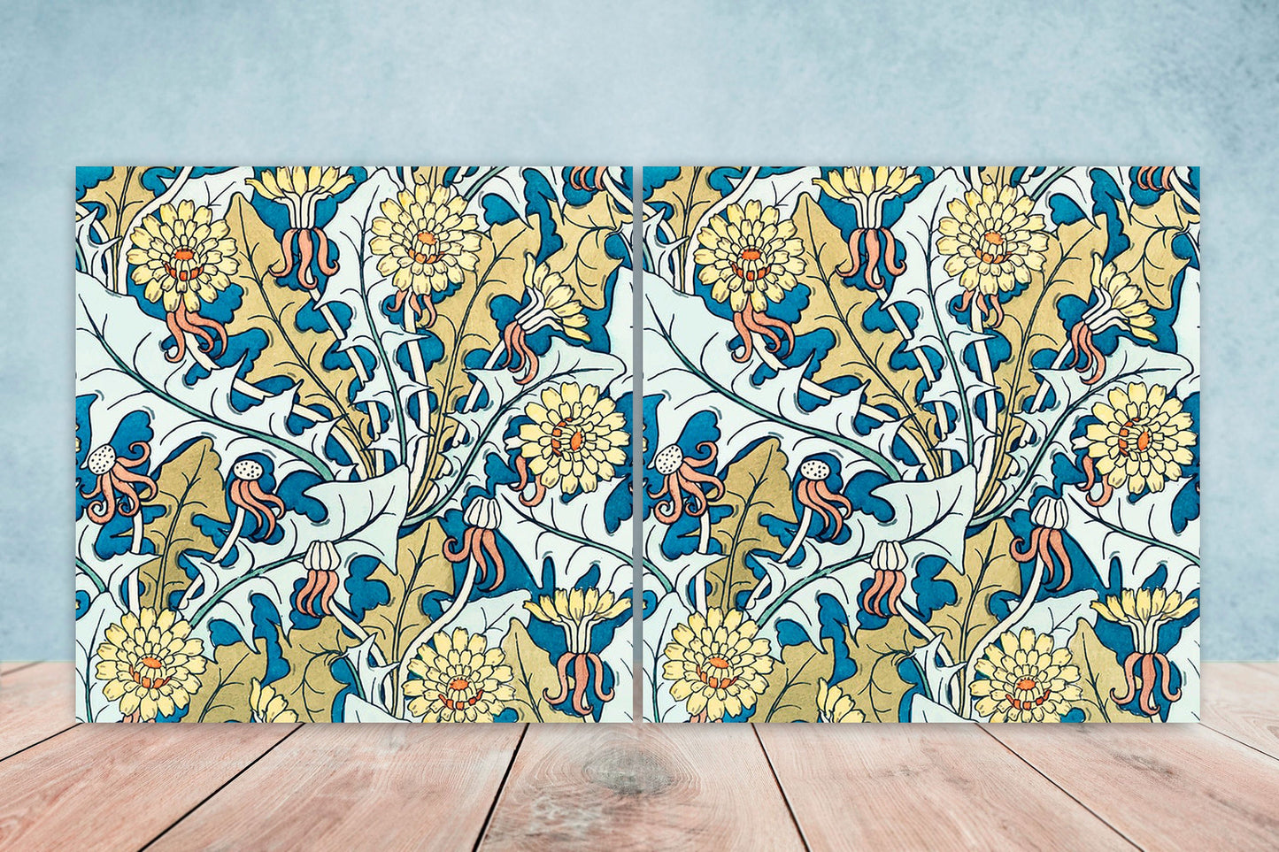 Floral Tiles Flowers Tile Dandelion- Set of 2 Art Nouveau Wall Décor Tiles -Kitchen Backsplash Tiles, Table Decorative Tiles, Bathroom Tiles