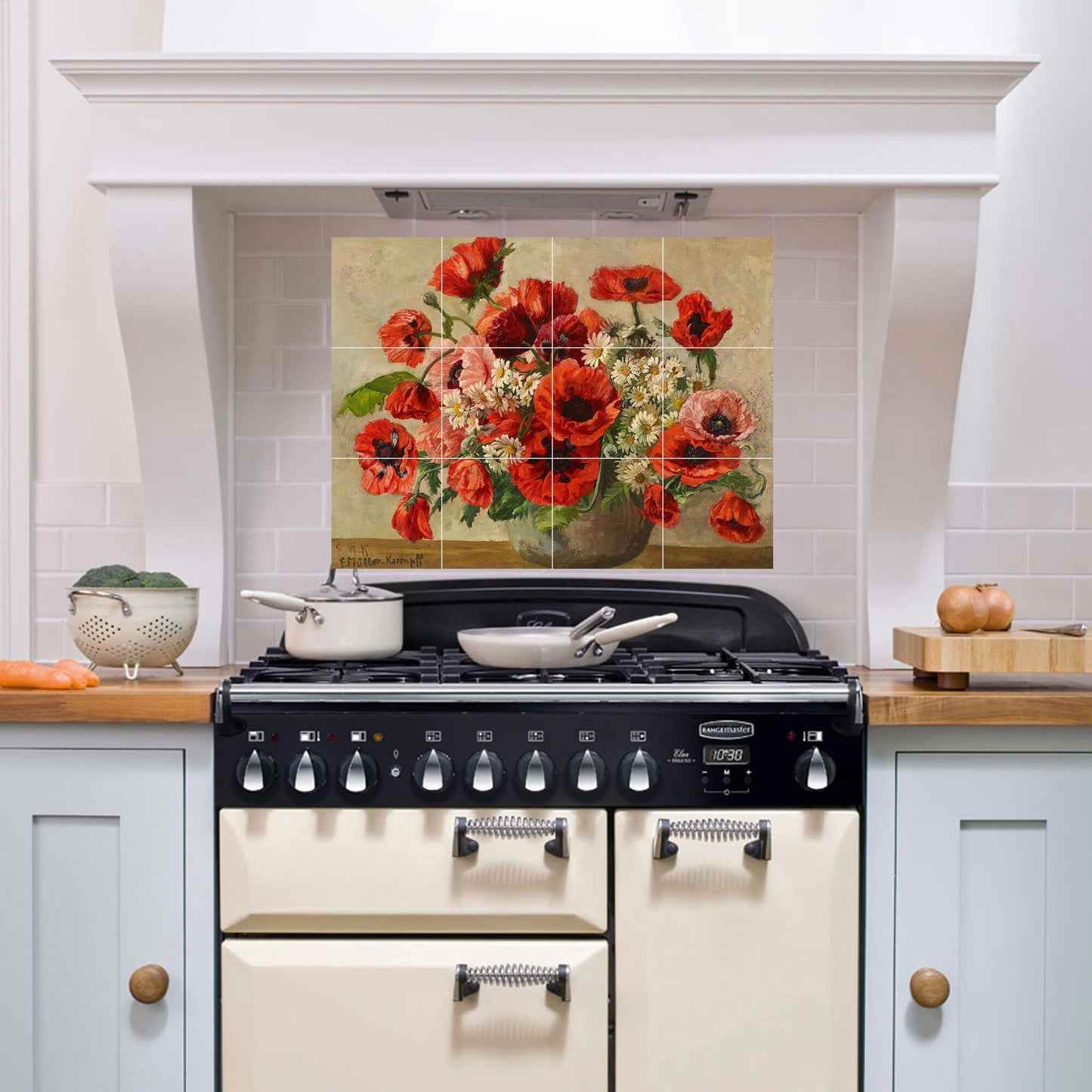 Tile Mural/Mosaic Ceramic Panel of a Vase with Poppies and Daisies - Flowers Wall Art - Poppy Tile Mural - Poppy wall print - Tile Mosaic