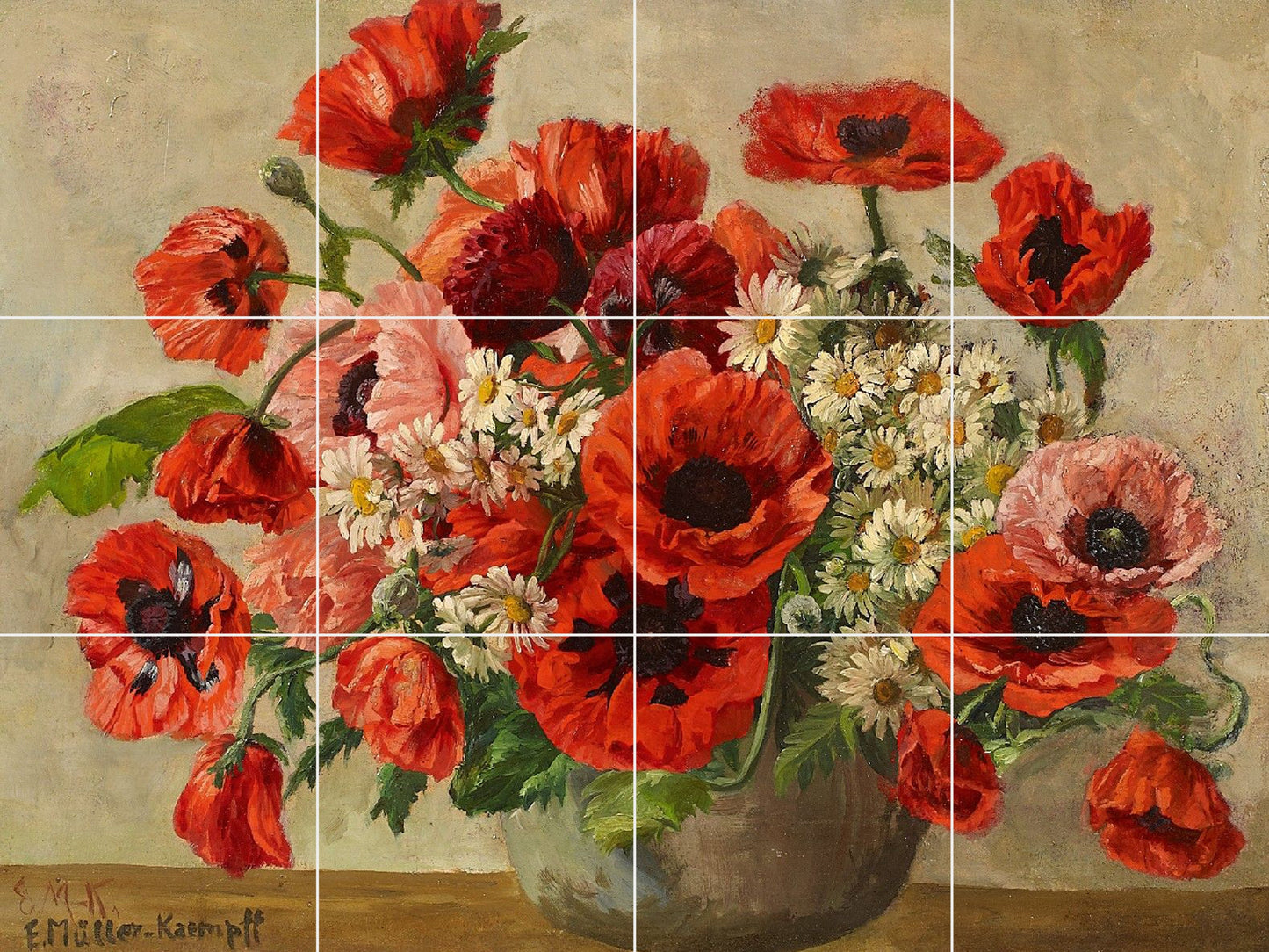 Tile Mural/Mosaic Ceramic Panel of a Vase with Poppies and Daisies - Flowers Wall Art - Poppy Tile Mural - Poppy wall print - Tile Mosaic
