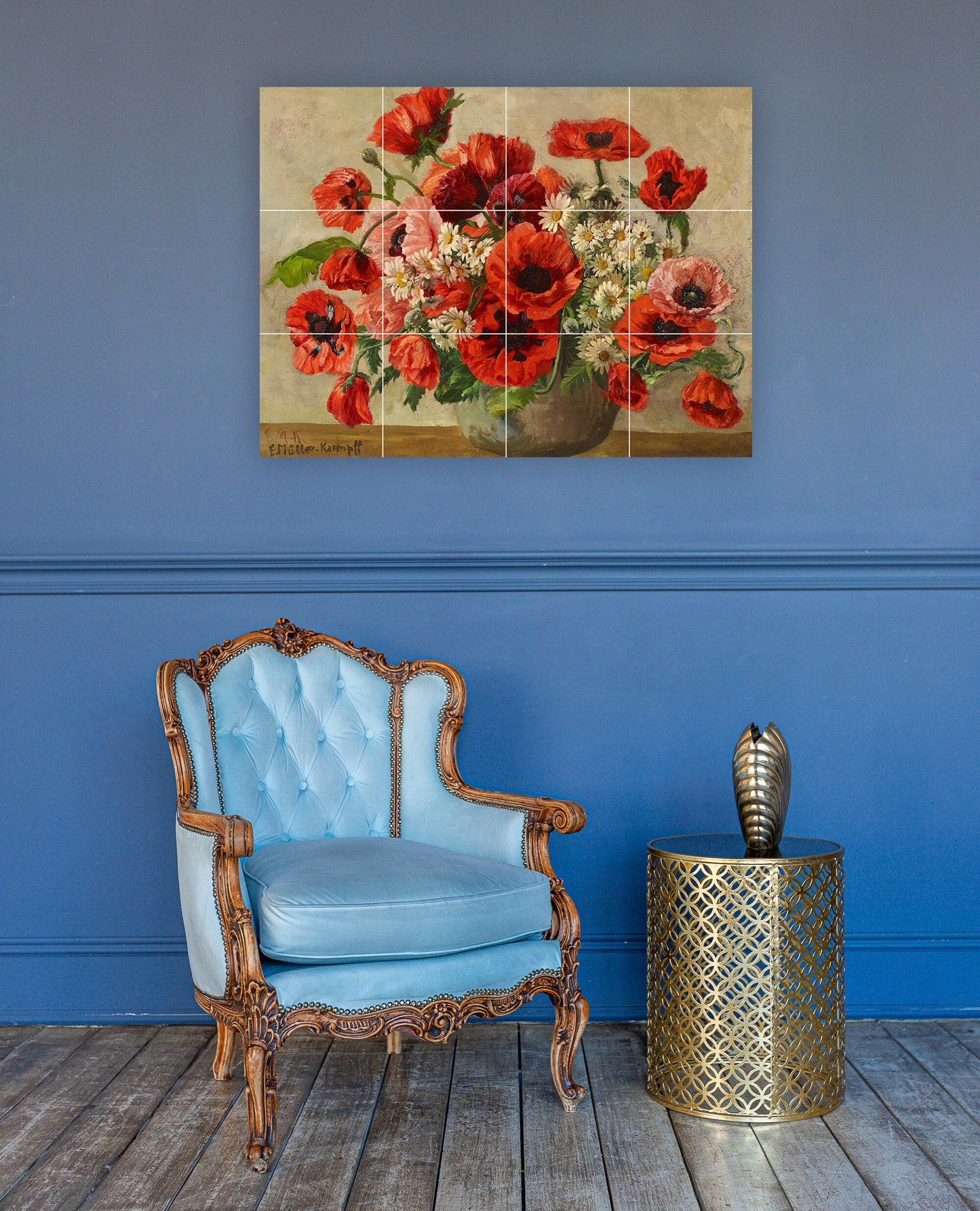 Tile Mural/Mosaic Ceramic Panel of a Vase with Poppies and Daisies - Flowers Wall Art - Poppy Tile Mural - Poppy wall print - Tile Mosaic