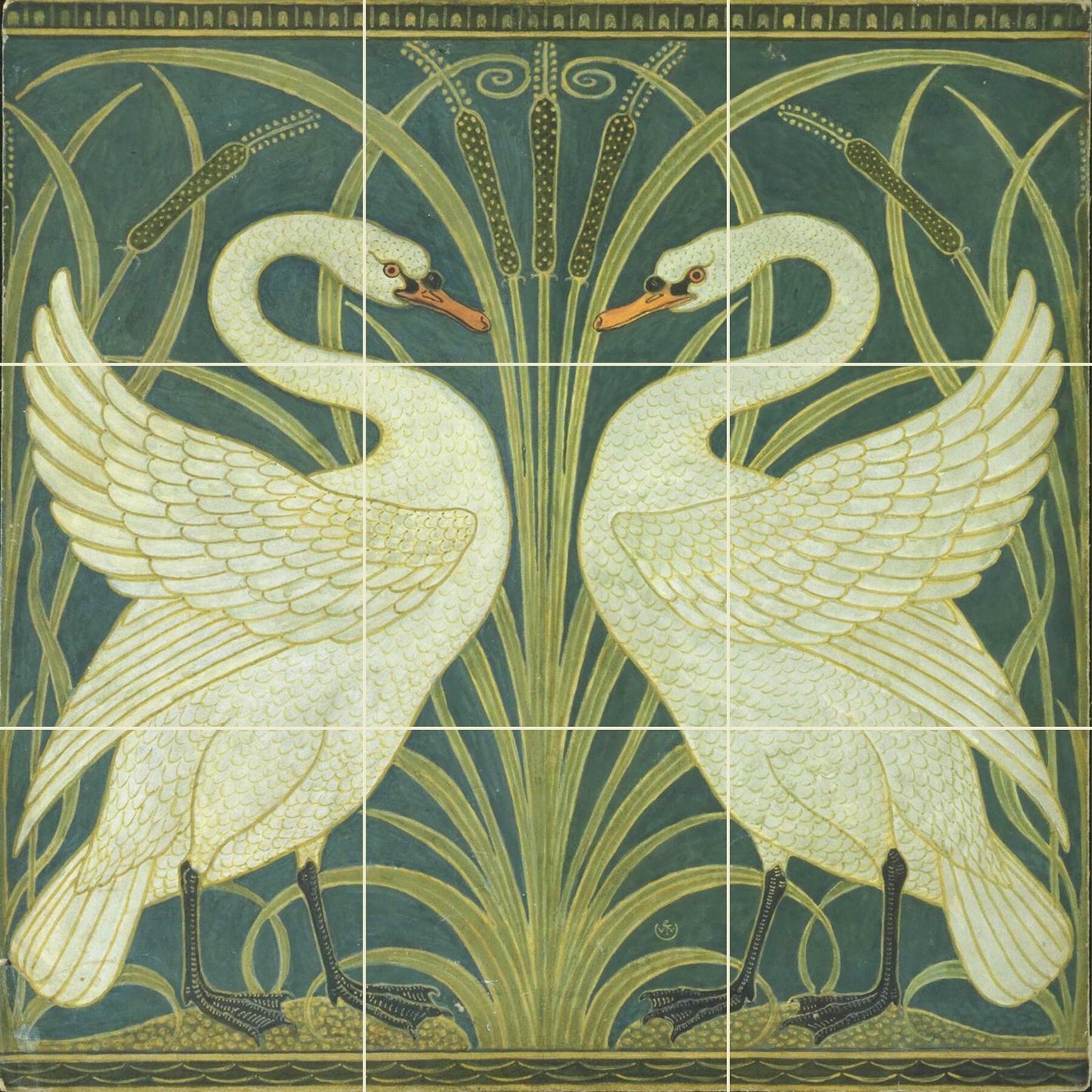 Tile Mural/Mosaic Ceramic Panel of Walter Crane Swan, Rush and Iris- Walter Crane wall art -Art Nouveau Tile Mural -Crane print -Tile Mosaic