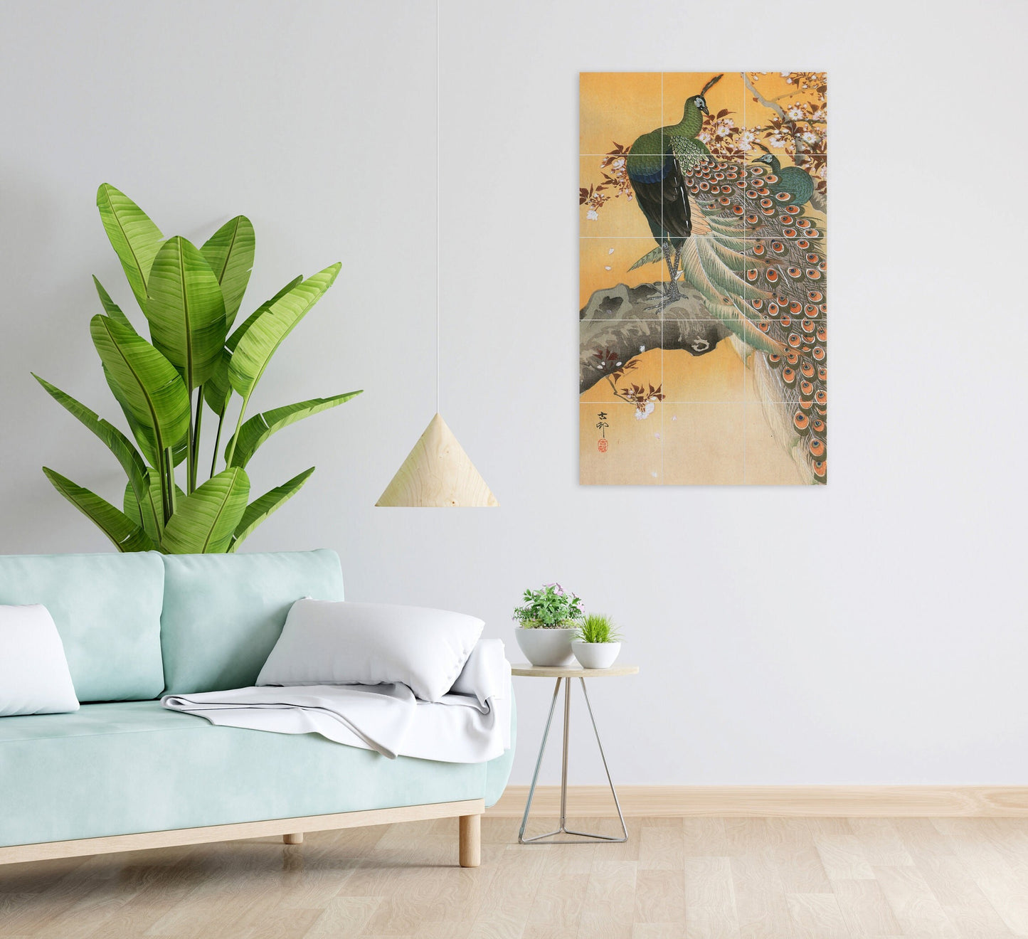 Tile Mural/Mosaic Ceramic Panel of Ohara Koson Cherry blossoms and peacock - Ohara Koson wall print - Tile Mural - Gloss Tiles - Tile Mosaic