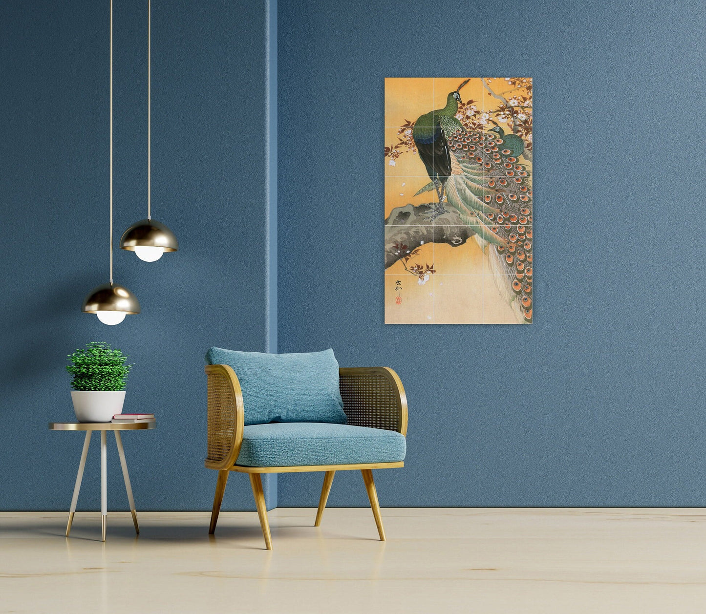 Tile Mural/Mosaic Ceramic Panel of Ohara Koson Cherry blossoms and peacock - Ohara Koson wall print - Tile Mural - Gloss Tiles - Tile Mosaic