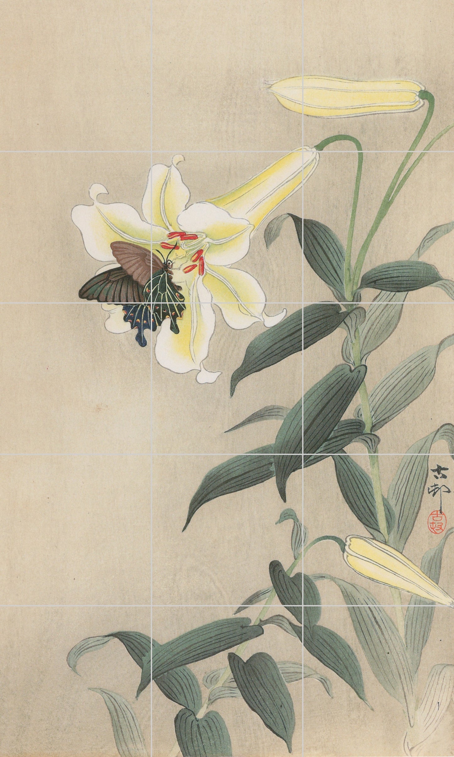 Tile Mural/Mosaic Ceramic Panel of Ohara Koson Spangle and Lily - Ohara Koson wall print - Lily print-Tile Mural - Gloss Tiles - Tile Mosaic