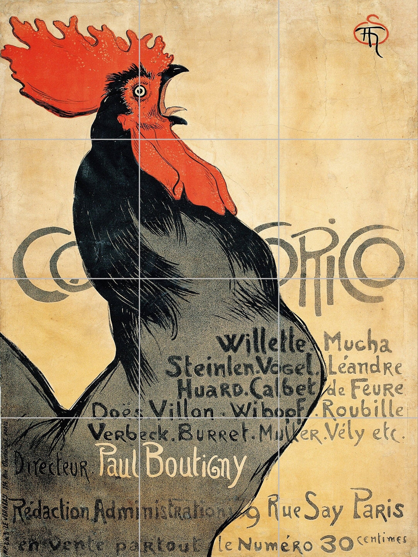 Tile Mural/Mosaic Ceramic Panel of Theophile Steinlen Cocorico - Theophile Steinlen print - Rooster wall print -Retro wall art - Tile Mural