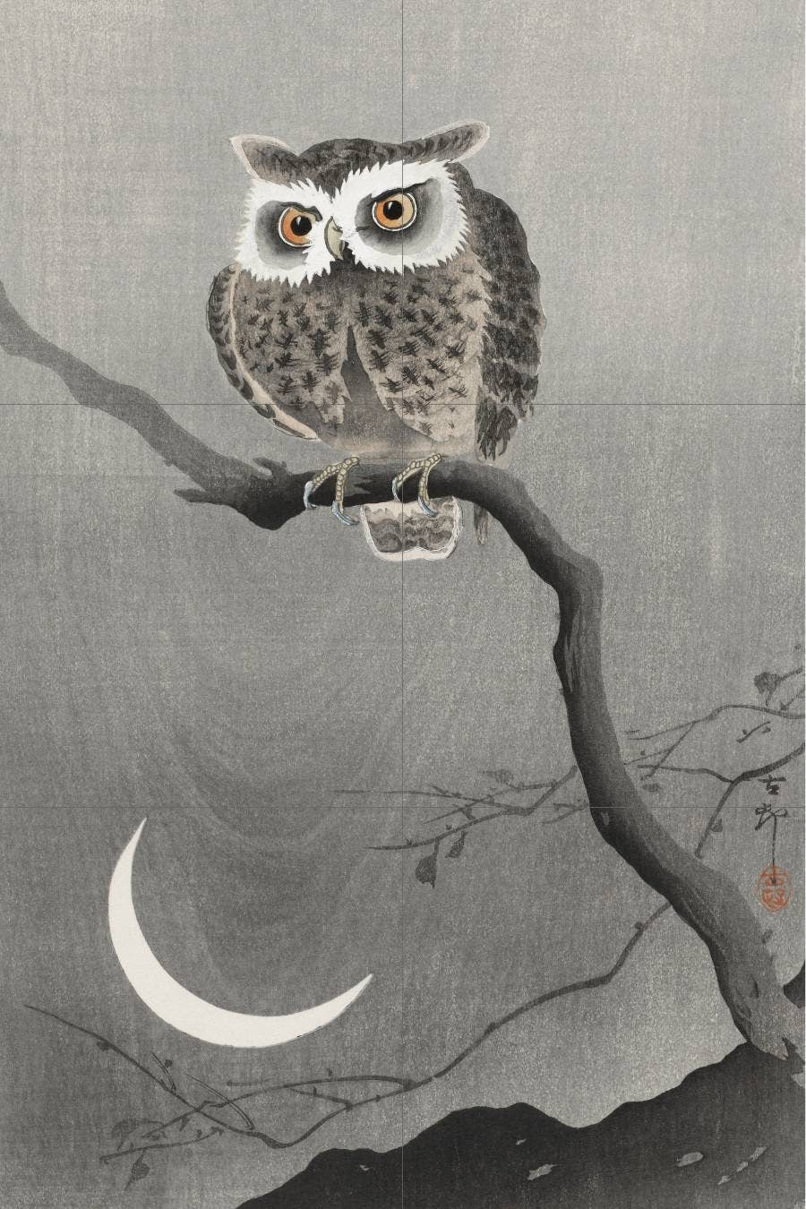 Tile Mural/Mosaic Ceramic Panel of Ohara Koson Long-Eared Owl on Bare Tree Branch -Japanese Print - Gloss Tiles- Owl Print -Bird Tile Mosaic