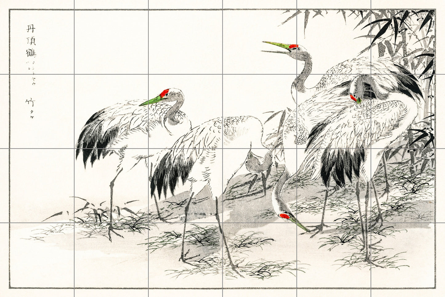 Tile Mural/Mosaic Ceramic Panel of Numata Kashu Japanese Crane and Bamboo - Numata Kashu Print - Tile Mural - Gloss Tiles - Tile Mosaic