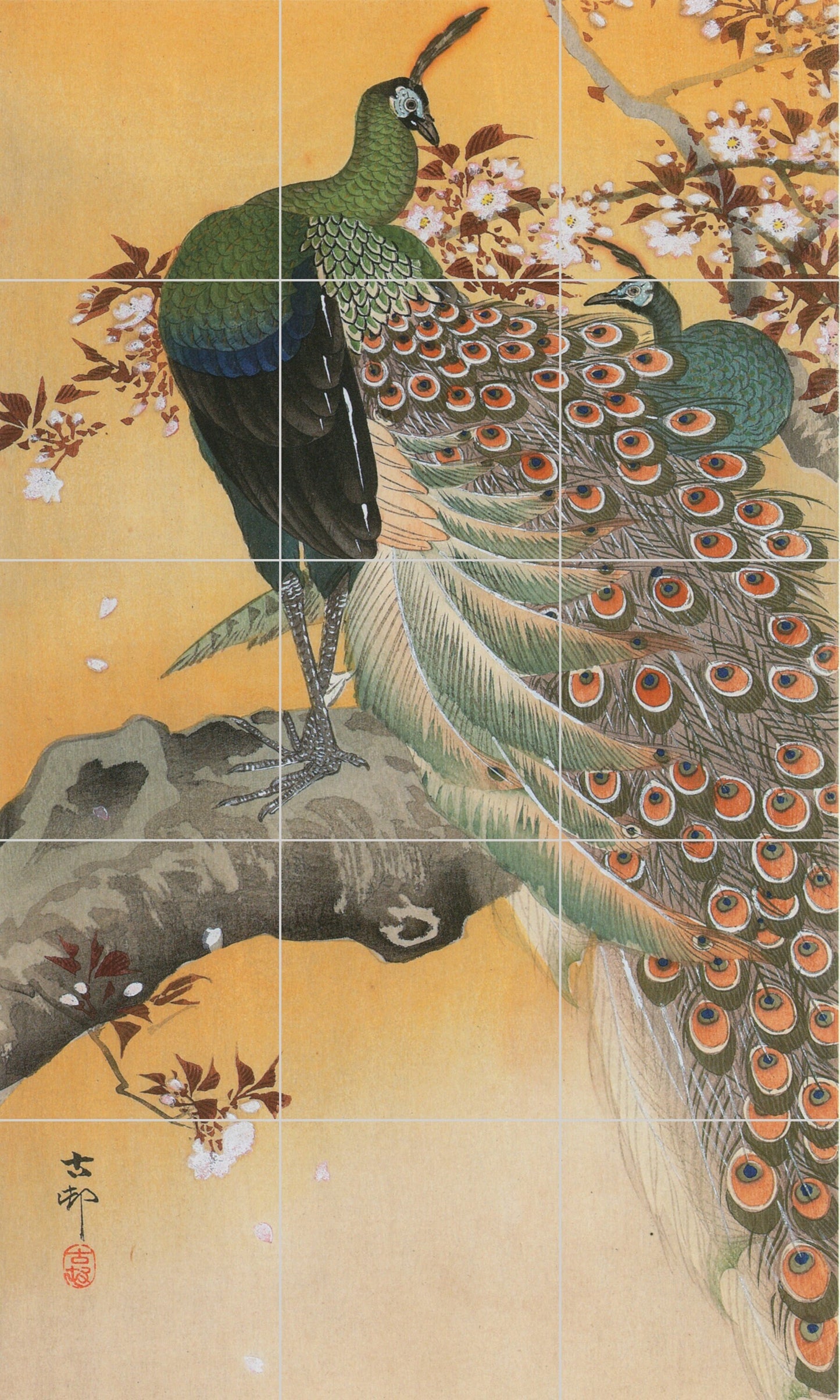 Tile Mural/Mosaic Ceramic Panel of Ohara Koson Cherry blossoms and peacock - Ohara Koson wall print - Tile Mural - Gloss Tiles - Tile Mosaic