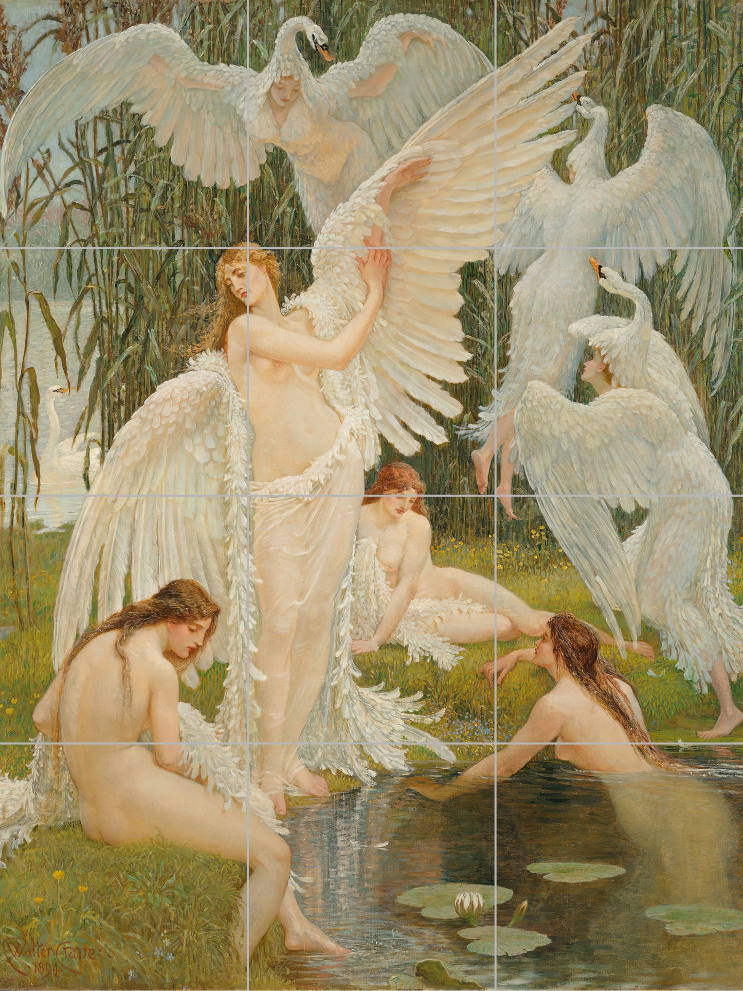 Tile Mural/Mosaic Ceramic Panel of Walter Crane The Swan Maidens - Walter Crane wall art - Art Nouveau Tile Mural -Crane print - Tile Mosaic