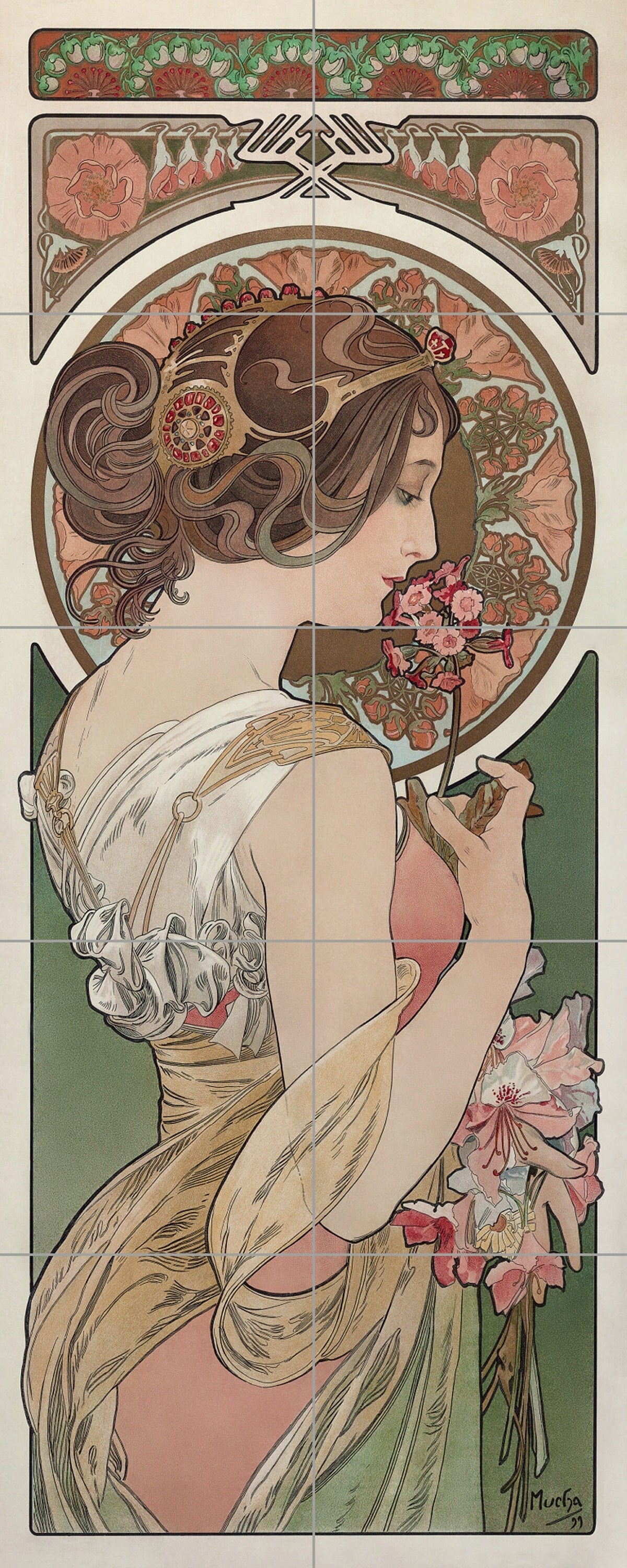 Tile Mural/Mosaic Ceramic Panel of Alphonse Mucha La Primevère - Alphonse Mucha wall print - Mucha wall art - Tile Mural - Art Nouveau print