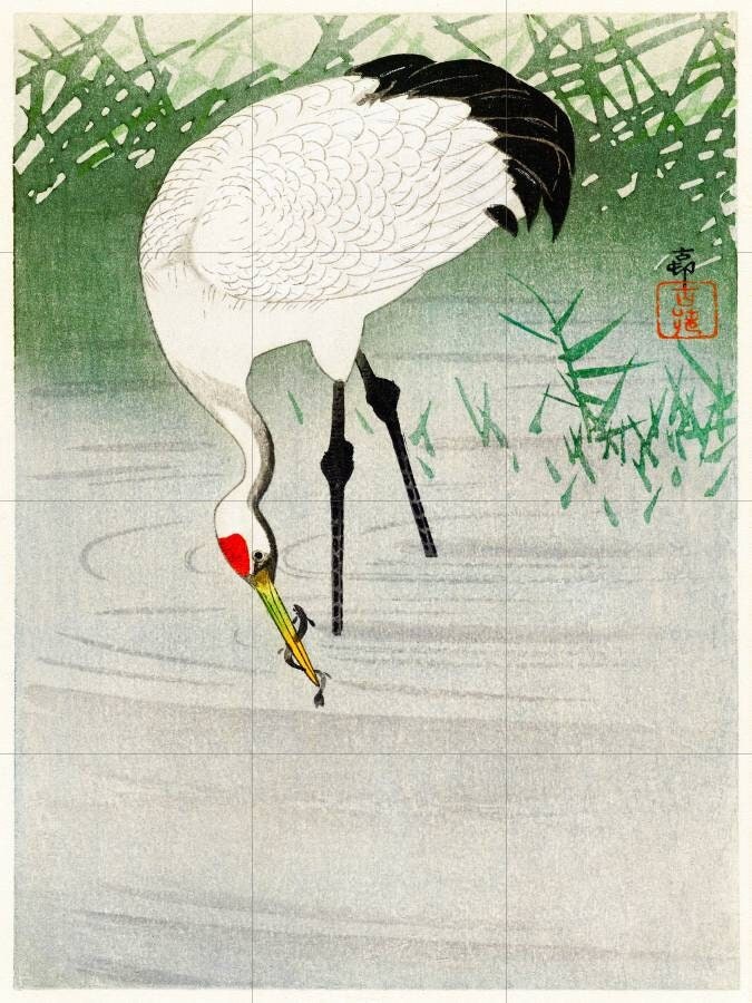 Tile Mural/Mosaic Ceramic Panel of Ohara Koson Fishing Crane in Shallow Water -Ohara Koson wall print -Crane print- Gloss Tiles -Tile Mosaic