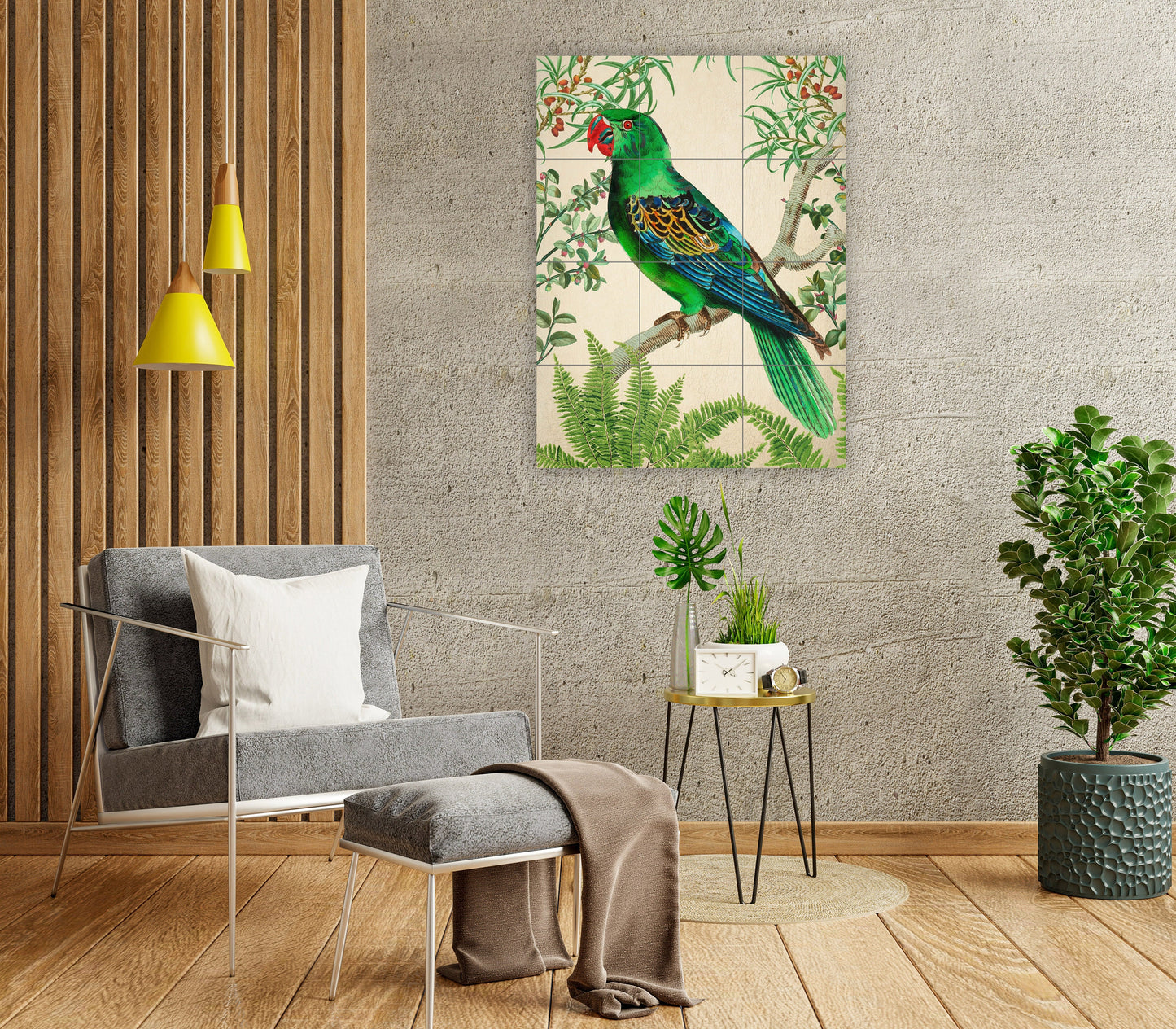 Tile Mural/Mosaic Ceramic Panel of Parrot Vintage Illustration -Parrot wall art -Tropical Bird Illustration -Tropical decoration- Bird mural