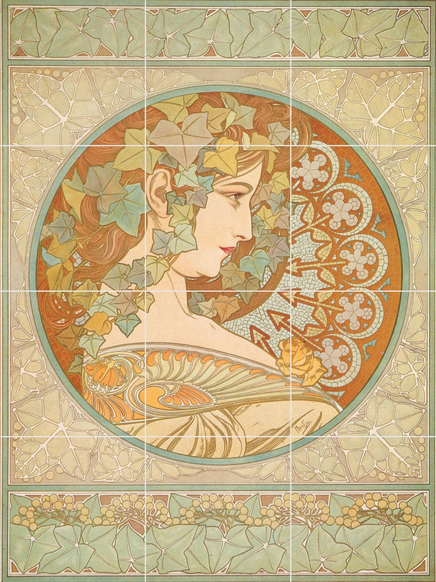 Tile Mural/Mosaic Ceramic Panel of Alphonse Mucha Le Lierre - Alphonse Mucha wall print - Mucha wall art - Tile Mural - Art Nouveau decor