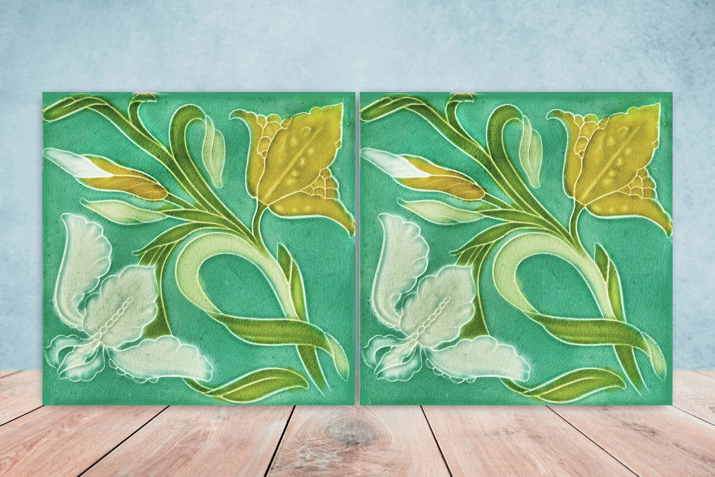 Art Nouveau Flower Ceramic tiles - Set of 2 Art Nouveau Wall Decor Tiles - Kitchen Backsplash Tiles, Table Decorative Tiles, Bathroom Tiles